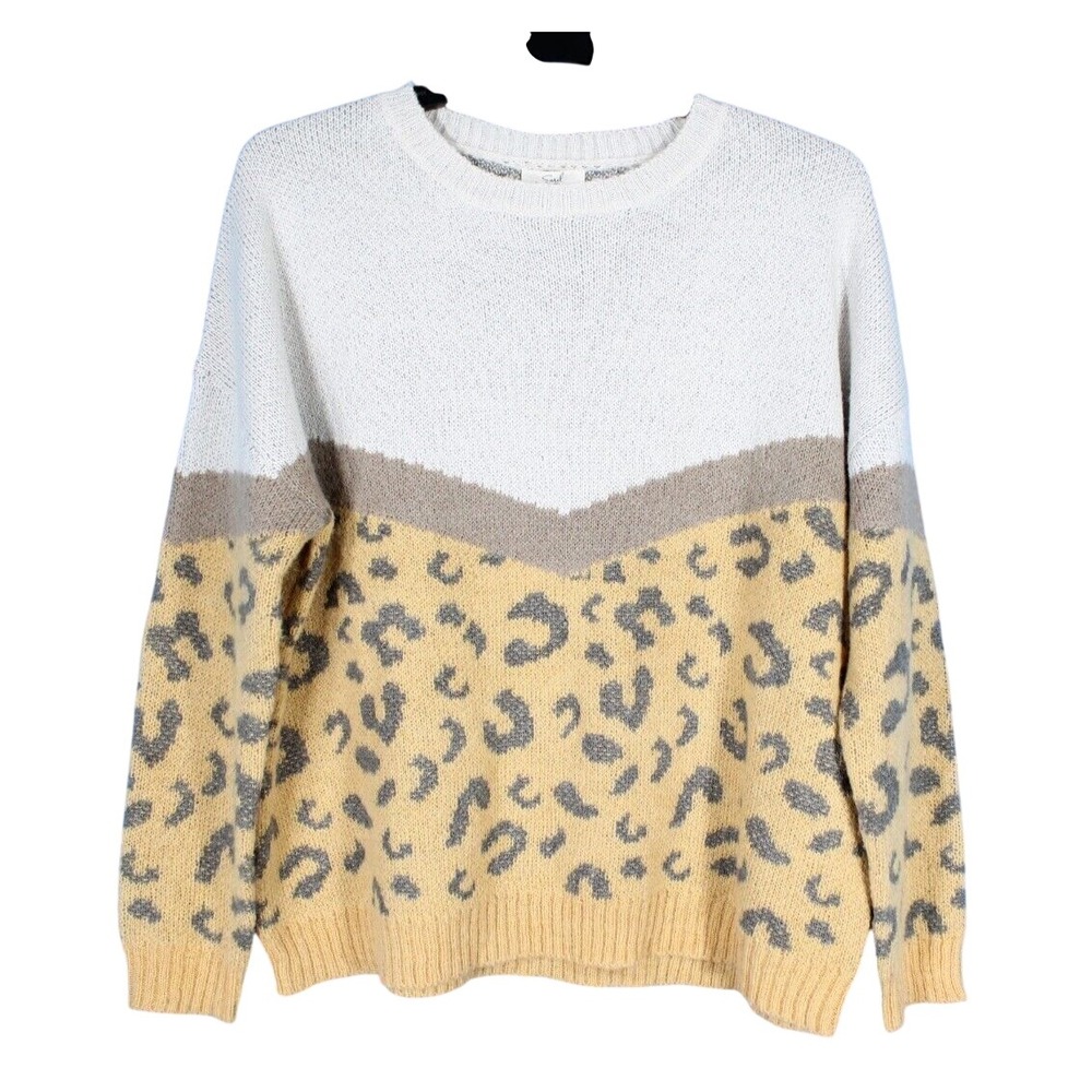EASEL Midweight LEOPARD COLORBLOCK PRINT Ribbed Trim OVERIZED Knit Sweater Sz L